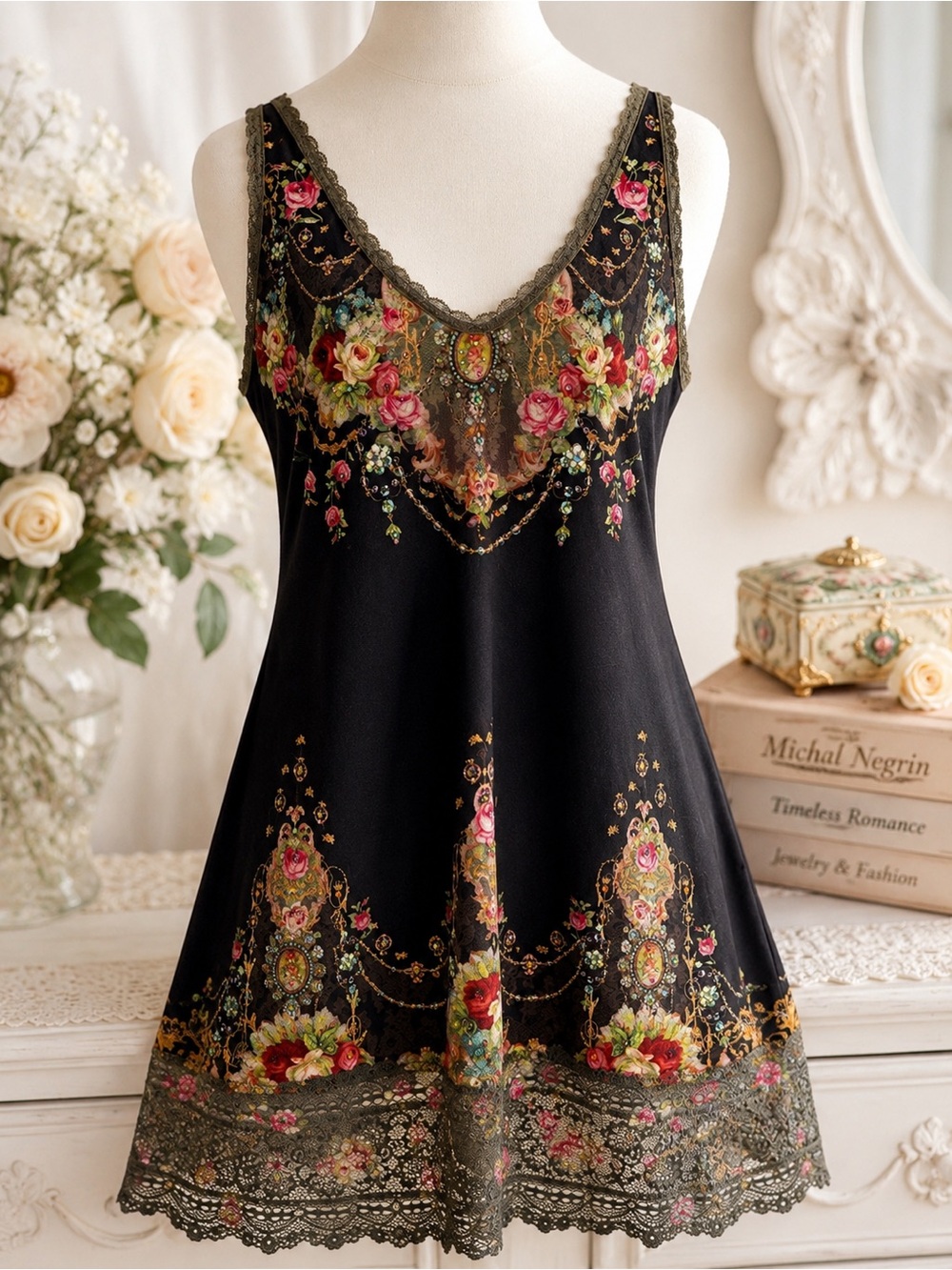 Michal Negrin Black Floral Swarovski Crystal Embellished Tunic Dress Size L